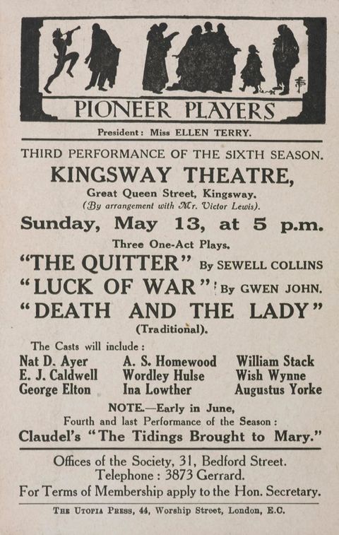 Flyer. A scene at the top of the sheet shows seven adults, one child, and a baby held by a person, all in black silhouette. The title is in a cartouche under the scene. Text below begins, “Third Performance of the Sixth Season. Kingsway Theatre, Great Queen Street, Kingsway. (By arrangement with Mr. Victor Lewis).”