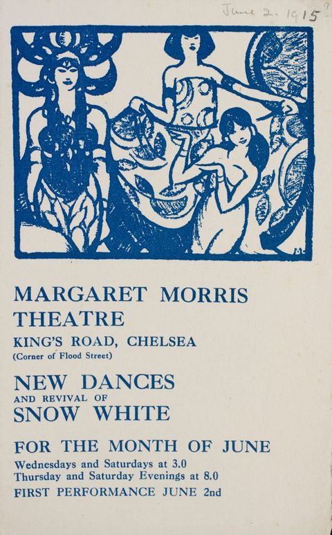 Flyer. A print, possibly a woodcut, on the top half of the white sheet is printed with blue. Three dancers in elaborate costumes pose, one holding out her skirt and another with her elbows bent and her wrists flexed, palms down. Text below begins, “Margaret Morris Theatre King’s Road, Chelsea (Corner of Flood Street) New Dances and Revival of Snow White”.