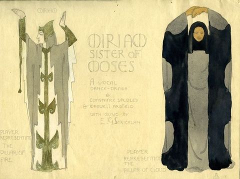 Watercolour. Poster design with two people in costume standing on either side of the title, which is sketched in pencil. Both people pose with arms overhead, robes falling to the ground. The title is in rounded, manuscript-style lettering.