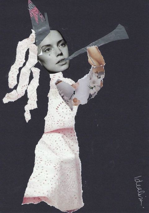 Collage. White lace shaded with pink has been ripped and pasted on a black background to make a dress and ribbons fluttering from a tall, pointed hat. The face is in greyscale, and has a star under one eye. An arm made from a white floral pattern holds up a grey trumpet.