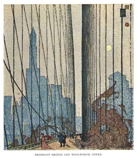Illustration. The vertical black cables of the Brooklyn Bridge march nearly along the entire width of this composition. People walk along the deck in front of us, and buildings of the New York City skyline are silhouetted in denim blue on the far side of the river.