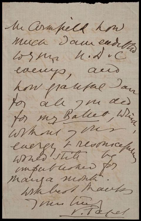 Handwritten letter. The back of a two-page letter mentions “how grateful I am for all you did for my Ballet, which, without your energy and resourcefulness would still be unpublished for many a month.”