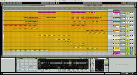 Screenshot. Software interface with ochre-yellow rows labelled Percussion, Drum Racks, and a few other labels that are difficult to read. Blocks of fluorescent colour or symbols visualize the musical score.