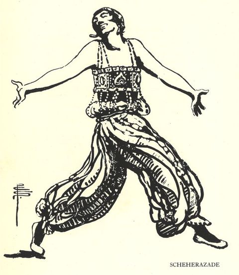 Illustration. Drawn with black lines, a dancer leaps forwards, arms outstretched, and face thrown to one side, grinning. The costume appears to have a jewelled top and billowing pants.