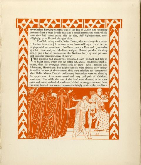 Page of a book. Text printed in black is surrounded by geometric patterns and an illustration printed in orange-red. The borders are made of triangles and chevrons. In the scene below, five people wearing dark hoods and robes advance from our left towards three people moving to our right.