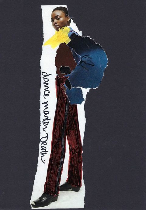Collage. The head of a dark-skinned woman with cropped hair is collaged onto a burgundy-red suit. Her body faces our left in profile, and a backwards sapphire-blue C indicates that the hand close to us is on the hip or in the pocket. A yellow frill is at the neck. 