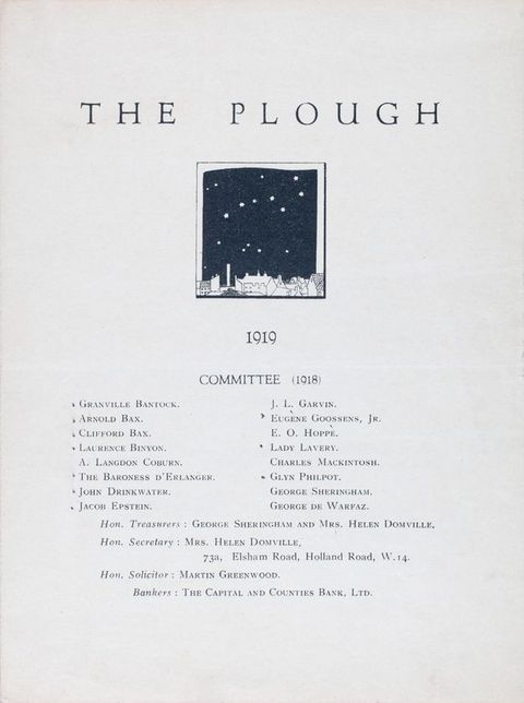 Page of a leaflet. A small square illustration at the centre of the sheet shows a starry night sky over a town skyline. The title and date are printed above and below the image, respectively. Nineteen names printed in two columns follows.
