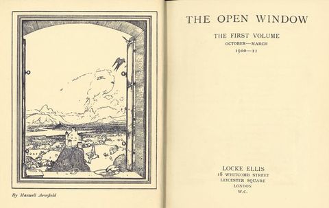 Pages of a book. The colophon on the title page, to our right, reads, “Locke Ellis 18 Whitcomb Street Leicester Square London W.C.” The illustration to the left shows a view out a window onto a deep landscape with a town and mountains. Text below reads, “By Maxwell Armfield”.