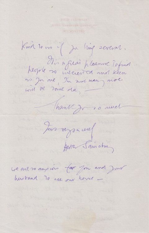 Handwritten letter. The back page of a two-sided letter is difficult to read in this image but a post script can be made out. Text reads, “We are so anxious for you and your husband to see our home”.