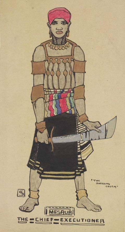 Drawing. A man with grey-toned skin stands with his feet widely planted, looking at us and holding a wide blade down in front of his thighs. He wears a red head covering, black collar, a net-like shirt, striped scarf tied around his waist, a black skirt, and gold cuffs around his ankles. Text below reads, “Mesaur The Chief Executioner”.