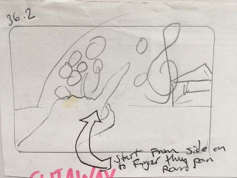 A rectangular storyboard drawn in pencil has a hand pointing to a collection of circles next to a treble clef. An arrow in pen points to the hand, and text reads, “start from the side on to foyer then pan round”. A pen notation in the top left corner reads “36.2”.