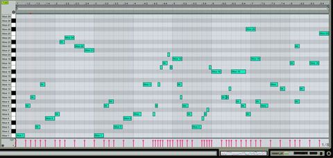 Screenshot. Software interface with alternating light and medium grey lines. Rows are labelled “Slice 1” at the bottom left and goes up to “Slice 29”. Highlighter-green boxes visualize the musical score.