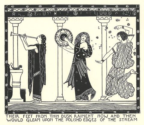 Illustration. Three people wearing long, flowing togas stand or dance in a line, all moving to our left. Their features, clothing, and the setting are stylized, drawn simply in black and with an emphasis on pattern.
