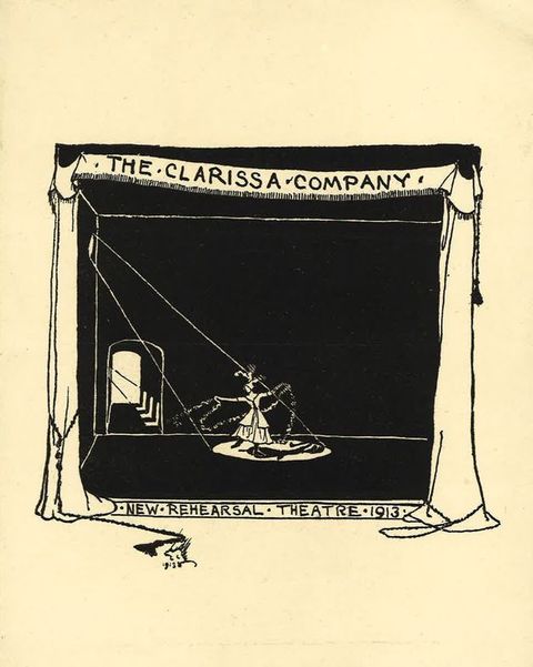 Cover of a programme. A print, perhaps a woodcut, shows a mostly black square with a light falling on a dancer, who steps onto one foot. Wearing a long skirt, she holds a ribbon or boa up with both hands. A lighted doorway is to our left. Curtains frame the stage. Text in the valence above reads, “The Clarissa Company”.