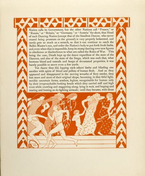 Page of a book. Text printed in black is surrounded by geometric patterns and an illustration printed in orange-red. The borders are made of triangles and chevrons. In the scene below, five people wearing patterned robes lean to our right, as if in a strong wind. Two nude men run to our left.