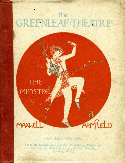 Cover of a book. A person carrying a lute-like instrument prances in a flat red-orange disc on the middle of this cover design. Blue text above reads, “The Greenleaf Theatre”. The title is in the disc and the author’s name below. The font is rounded and serifed, like manuscript lettering.