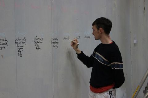 A man writes on a wall with a black marker. There are sections titled in blue, reading “Chorus” one through eight. He fills in information Chorus 6. The two before this read, “Chorus 4 (Hysteria) –Tilly Rosie” and “Chorus 5 (Weep/ing) – Harry”.