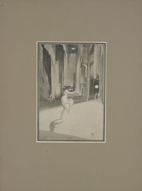 Print. Shown from a vantage point in the wings, a woman lifts both arms and one knee as she dances on stage. The image uses shades of black and grey only, and is framed by taupe matte card. 