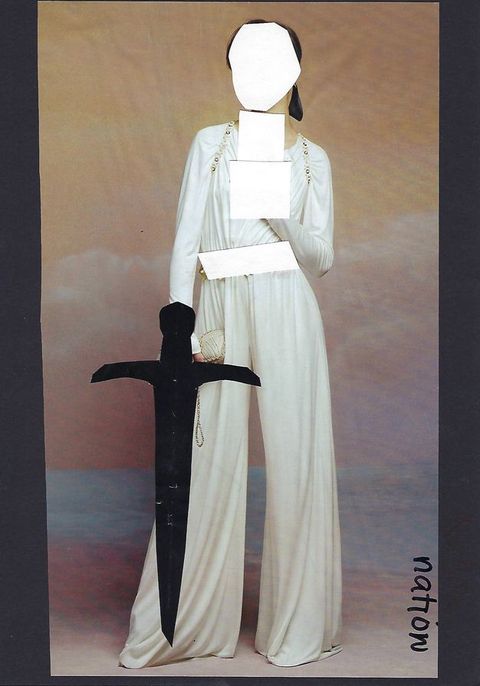 Collage. A picture of a woman wearing a long, flowing white pantsuit has been collaged onto a black background. A circle over the face has been cut out, as have two squares and a wide rectangle over her torso. Black paper has been cut into the shape of the sword and added over one hand.