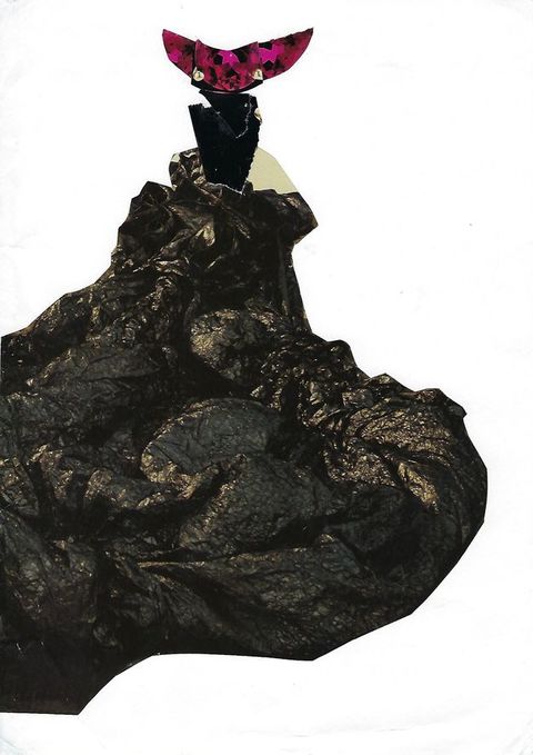 Collage. A black material brushed with gold, like cooled lava, a reptile’s skin, or heavy fabric, is cut out and pasted to a white background. The head is reminiscent of a praying mantis, with a narrow neck topped by a sideways, magenta crescent with two gold eyes.