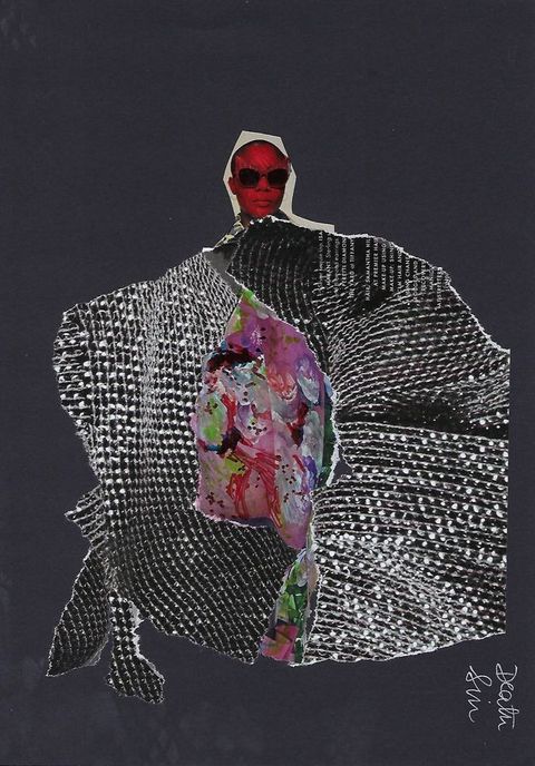 Collage. A picture of black and silver fabric has been ripped and pasted into a roughly circular shape on a black background. An oval at the centre appears painted with tones of pink, green, and frosty blue. A head above is toned red, and wears sunglasses. Sideways writing in white near the lower right reads, “Death Sin”.