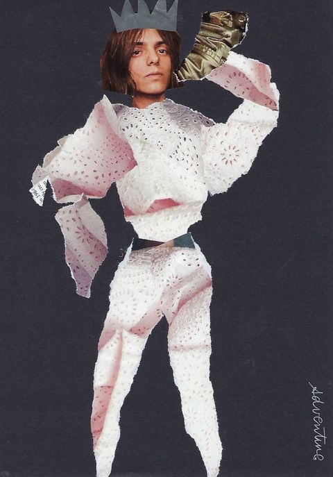 Collage. White lace shaded with pink has been ripped and pasted onto a black background. A gold-coloured trumpet held near the pale-skinned face of the character seems to have been ripped from a picture of gold cloth. A flat, pewter-grey crown sits on long brown hair.