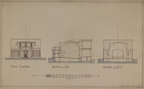 Drawing. Three elevations show a domed space. The drawings are labelled “Front Elevation”, “Section on A:B”, and “Section on C:D”. A music staff is below.