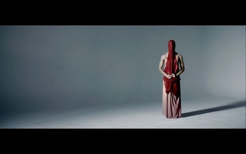 A person stands in a bright grey space, wearing a mauve-pink, floor-length garment. A piece of blood-red fabric is pulled over his head, down in front of his face, and down to his thighs. He clutches the red fabric with both hands in front of his waist. He casts a distinct shadow to our right.