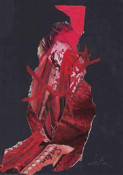 Collage. Bits of scarlet-red fabric and patterns have been ripped and pasted onto a black background to make a vaguely oval shape. The word “Satan” appears twice; once in black near the bottom of the red form and once in white against the black background.