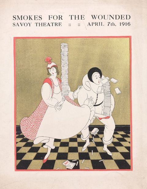 Cover of a programme. An illustration below the title shows two people in costume balancing high stacks of cigarette boxes. The woman, to our left, balances an impossibly high stack on one finger. The man struggles and drops boxes.
