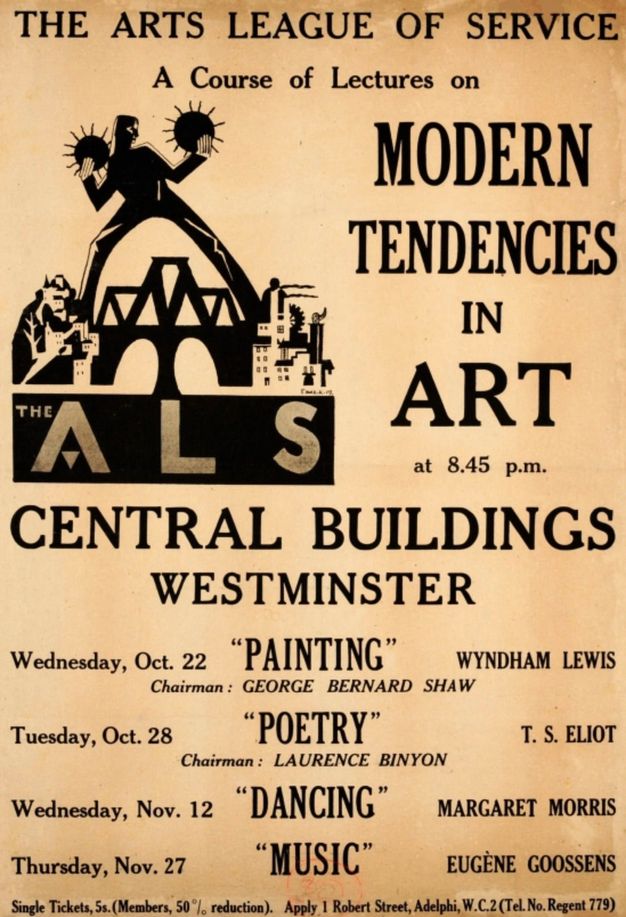 Poster. A graphic showing a black-silhouetted colossus steps over a bridge to span two banks of a city. A logo below reads, “The ALS”. Further text gives days, times, and titles for “a course of lectures on Modern Tendencies in Art”.