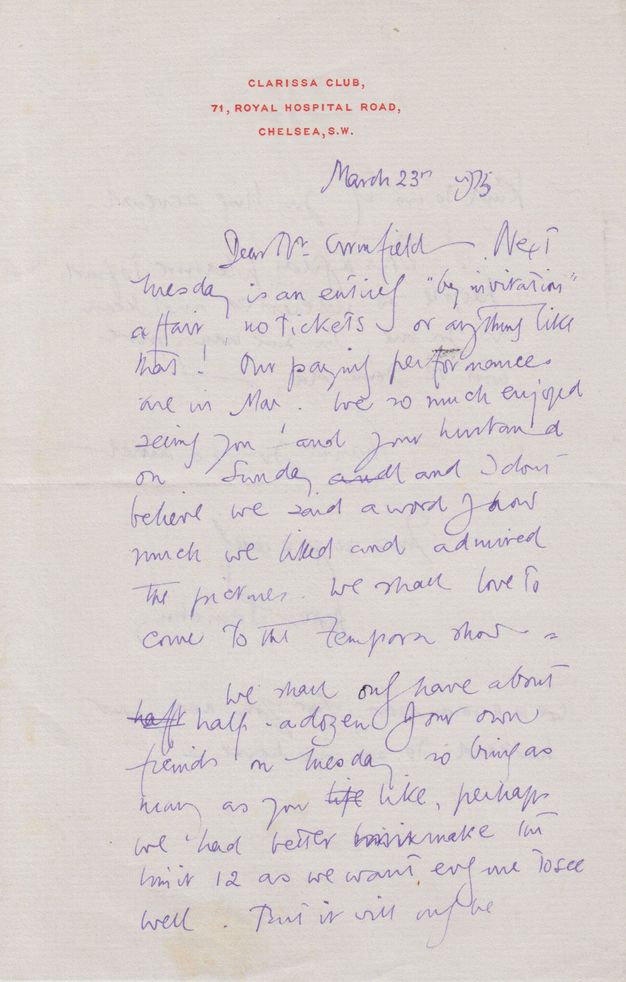 Handwritten letter. The front page of a two-sided letter has letterhead printed in red, reading “Clarissa Club, 71, Royal Hospital Road, Chelsea, S.W.” the writing is difficult to make out in this image.