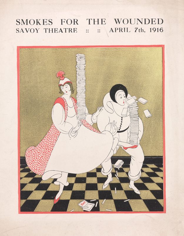 Cover of a programme. An illustration below the title shows two people in costume balancing high stacks of cigarette boxes. The woman, to our left, balances an impossibly high stack on one finger. The man struggles and drops boxes.